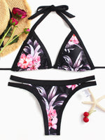 Wholesale Black V-Neck Sleeveless Floral Print Lace-Up High-Waisted Bikinis
