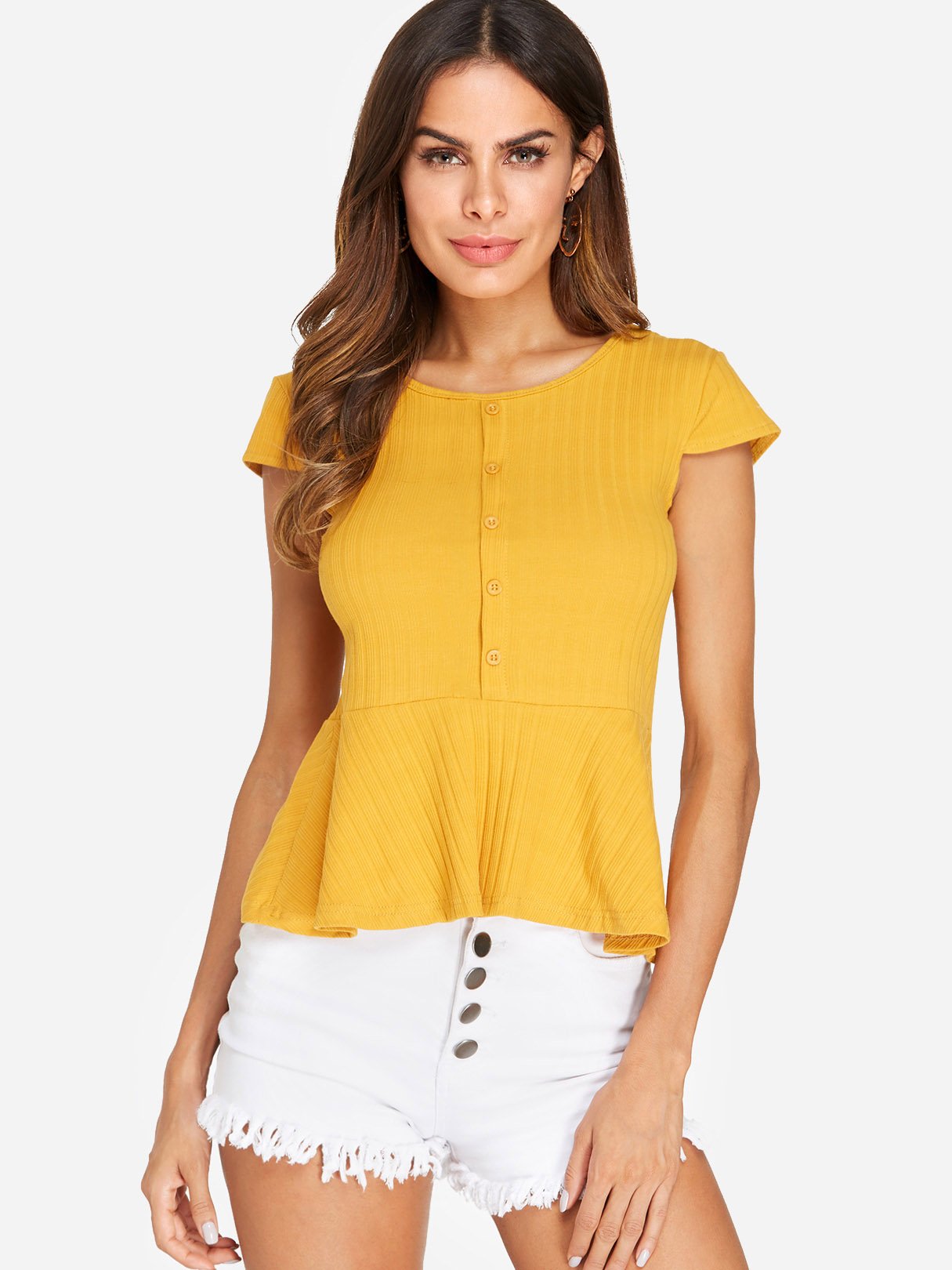 Wholesale Bateau Sleeveless Flounced Hem Yellow T-Shirts