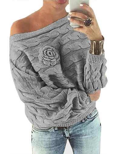 Wholesale Light Grey Asymmetrical Off The Shoulder Long Sleeve Sweaters