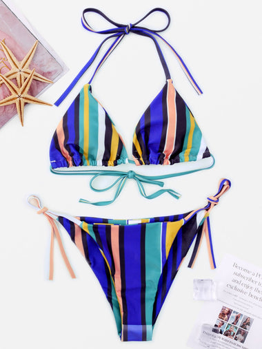 Wholesale V-Neck Sleeveless Stripe Tie-Up Two Piece Bikinis