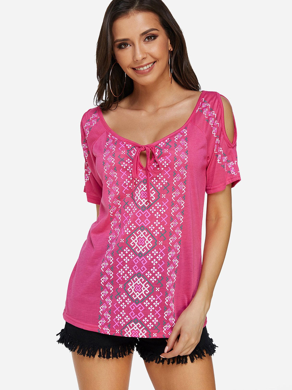 Wholesale Cold Shoulder Geometrical Short Sleeve T-Shirts