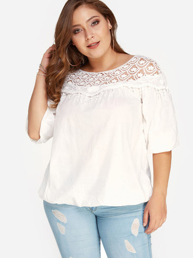 Wholesale Round Neck Plain Crochet Lace Embellished Hollow Half Sleeve Plus Size Tops