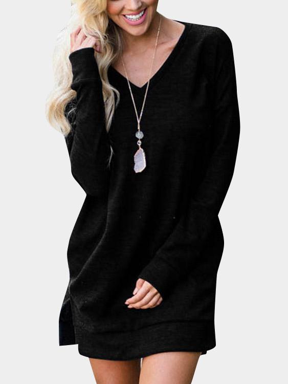Wholesale Black Deep V Neck Long Sleeve Plain Slit Hem Casual Dresses