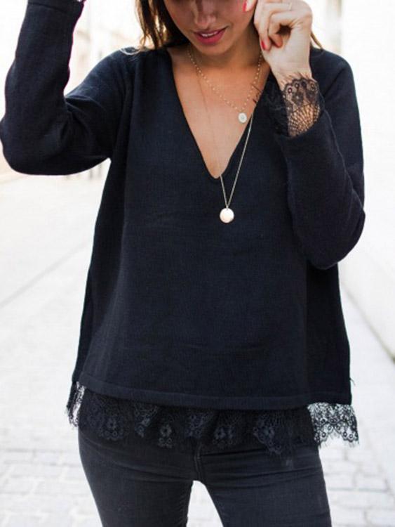 Wholesale V-Neck Lace Long Sleeve Black T-Shirt
