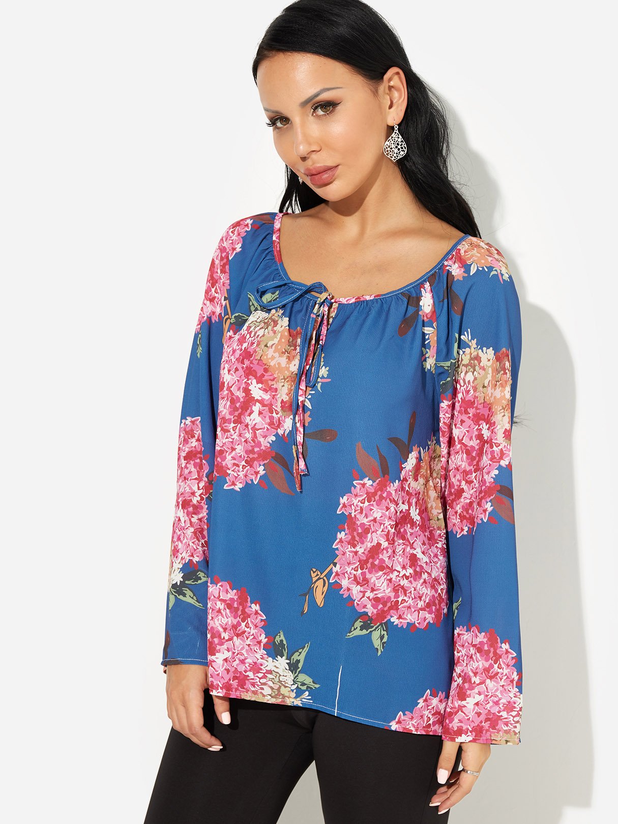Wholesale V-Neck Floral Print Self-Tie Long Sleeve Blue Blouses