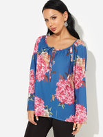 Wholesale V-Neck Floral Print Self-Tie Long Sleeve Blue Blouses