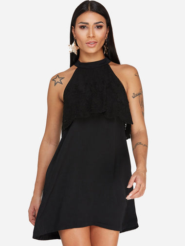 Wholesale Black Halter Sleeveless Lace Tiered Sexy Dress