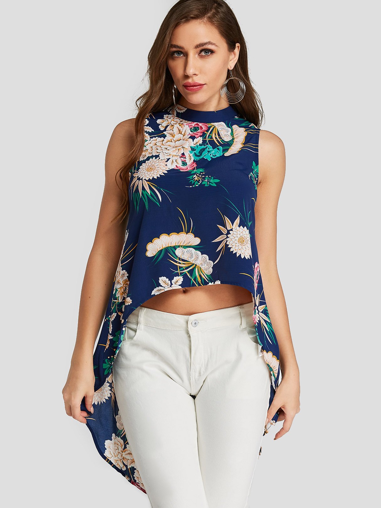 Wholesale Floral Print Sleeveless Blue Blouses