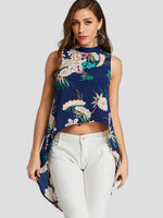 Wholesale Floral Print Sleeveless Blue Blouses