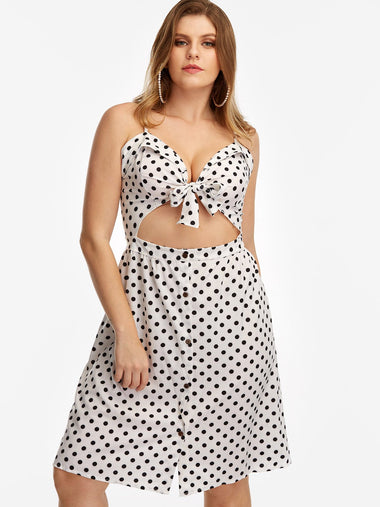 Wholesale V-Neck Polka Dot Backless Cut Out Self-Tie Sleeveless Plus Size Dress