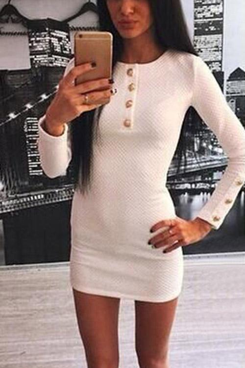 Wholesale White Round Neck Long Sleeve Bodycon Mini Dress