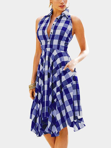 Wholesale Blue V-Neck Sleeveless Grid Ruffle Hem Sexy Dress