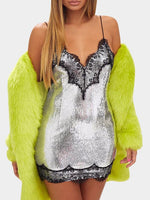 Wholesale Silver Deep V Neck Sleeveless Plain Lace Zip Back Backless Sequins Embellished Spaghetti Strap Mini Dress
