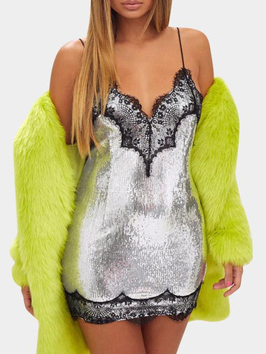 Wholesale Silver Deep V Neck Sleeveless Plain Lace Zip Back Backless Sequins Embellished Spaghetti Strap Mini Dress