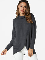 Wholesale High Neck Plain Crossed Front Cut Out Long Sleeve Slit Hem Grey T-Shirts