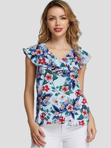 Wholesale V-Neck Floral Print Tiered Sleeveless Light Blue Tank Top