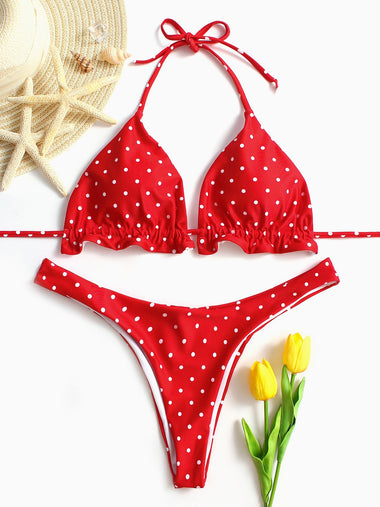 Wholesale V-Neck Polka Dot Tie-Up Sleeveless Red 2 Piece Bikinis