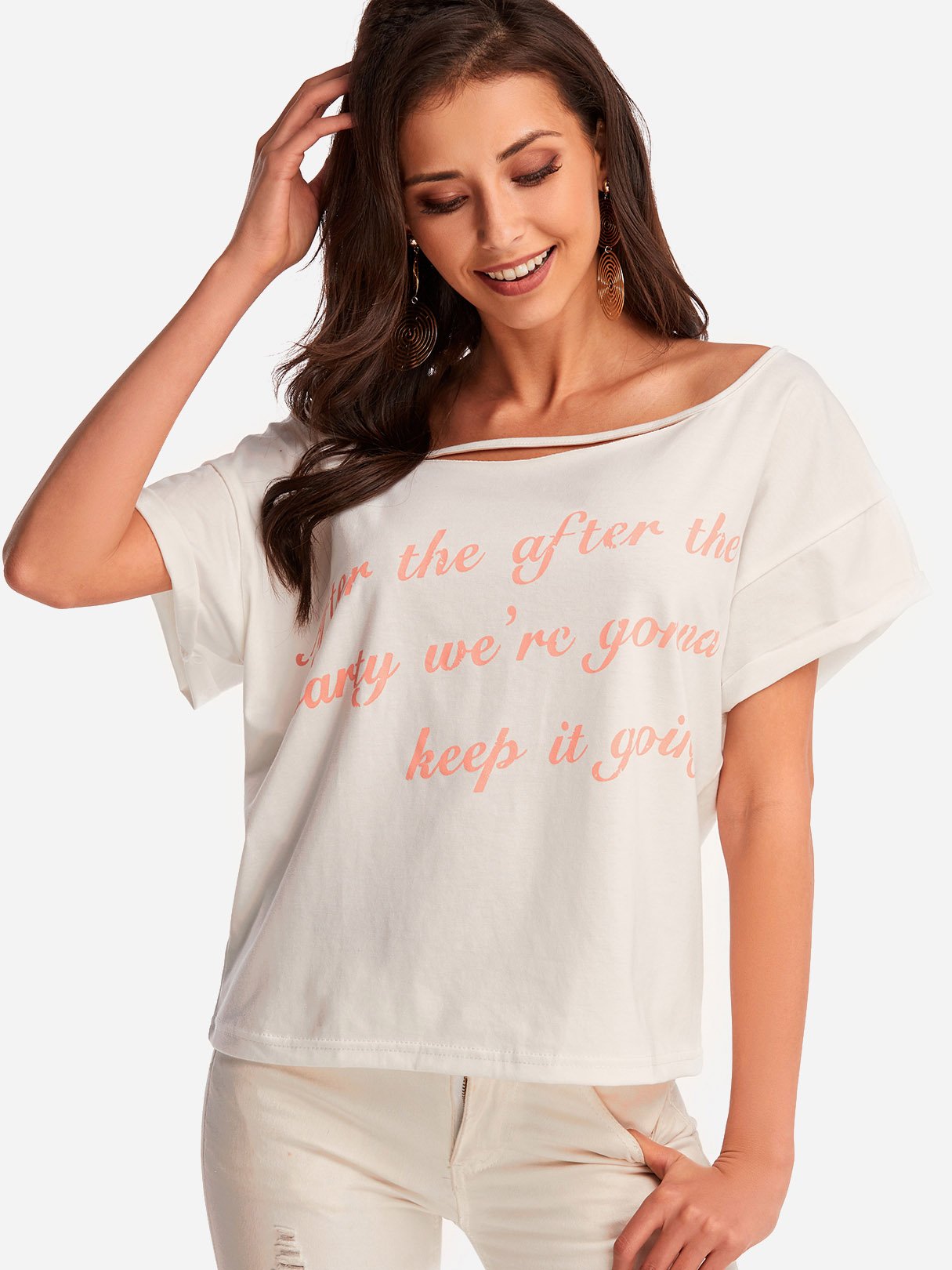 Wholesale Scoop Neck Letter Short Sleeve White T-Shirts