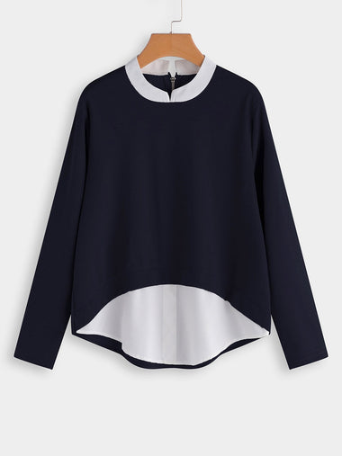 Wholesale Plain Long Sleeve Curved Hem Navy Plus Size Tops