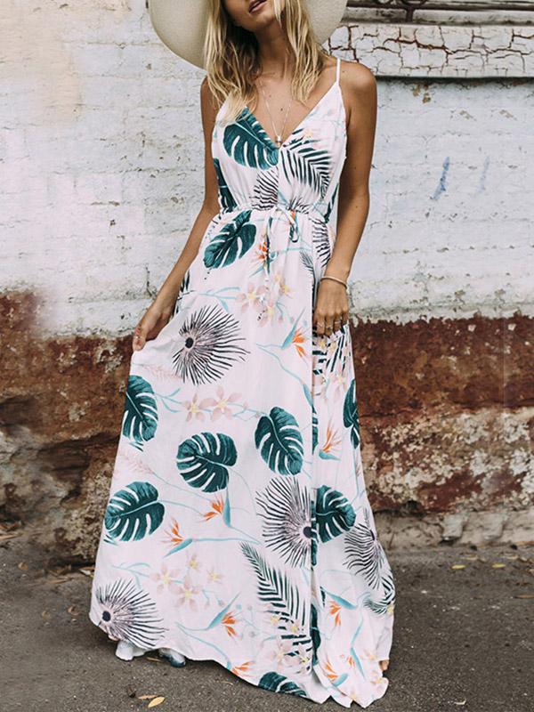 Wholesale White V-Neck Sleeveless Floral Print Maxi Dress