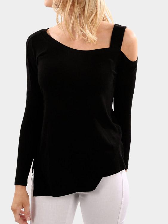 Wholesale One Shoulder Long Sleeve Slit Hem Black T-Shirts