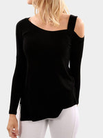 Wholesale One Shoulder Long Sleeve Slit Hem Black T-Shirts