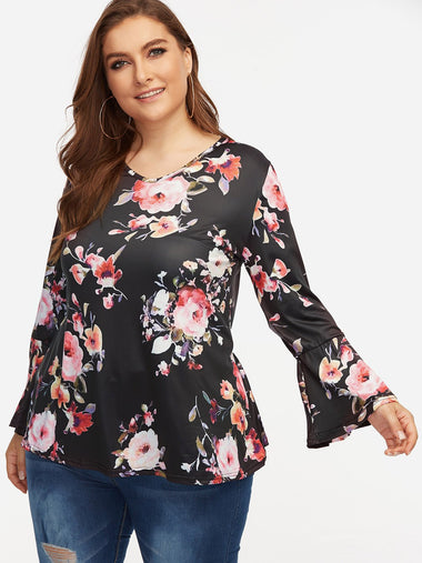Wholesale V-Neck Floral Print Long Sleeve Ruffle Hem Black Plus Size Tops