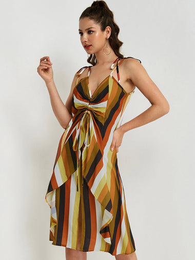 Wholesale V-Neck Off The Shoulder Sleeveless Stripe Backless Spaghetti Strap Slit Flounced Hem Casual Dresses