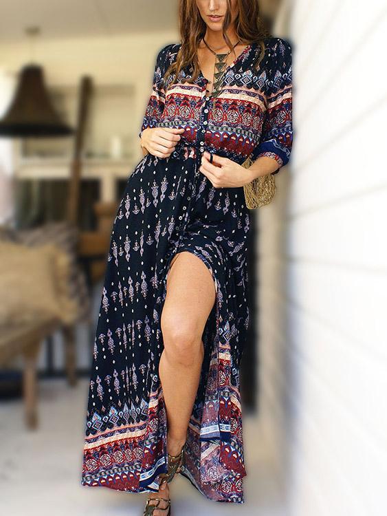 Wholesale V-Neck Half Sleeve Printed Slit Hem Maxi Dresses
