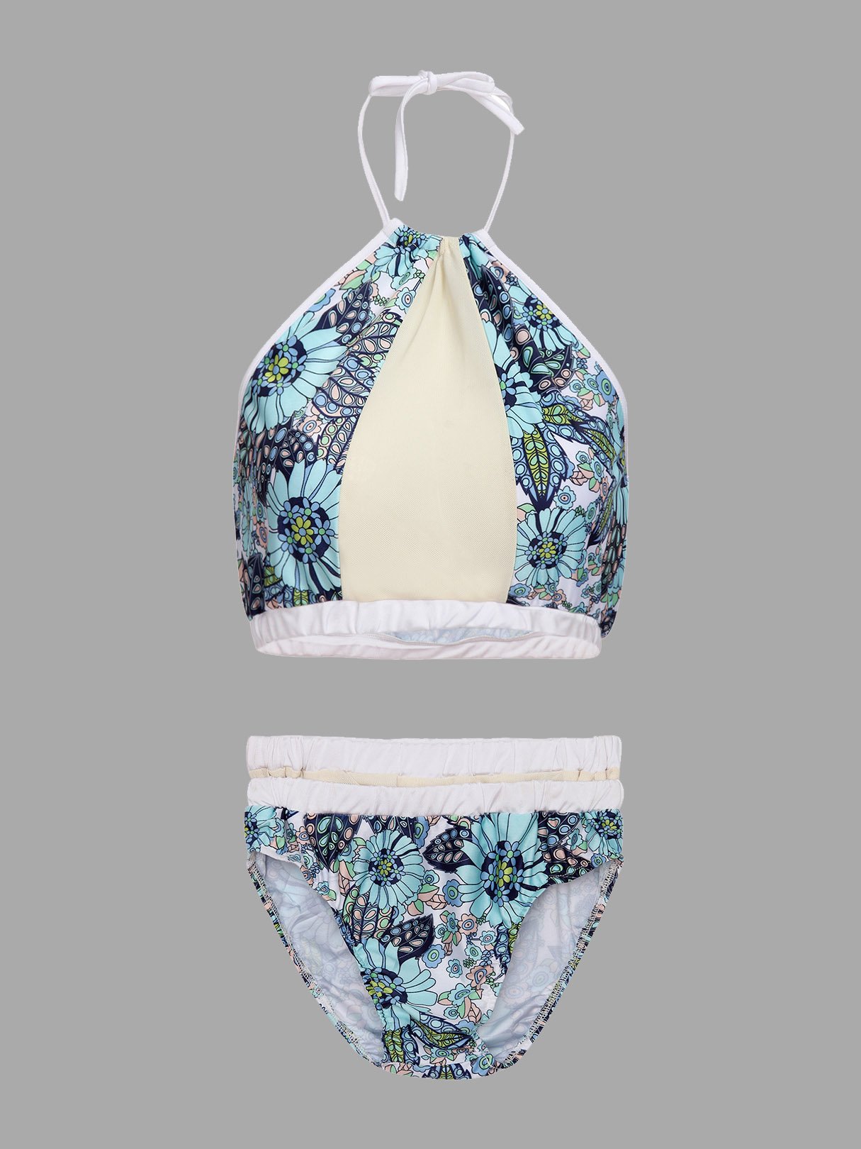 Wholesale Round Neck Floral Print Sleeveless 2 Piece Bikinis
