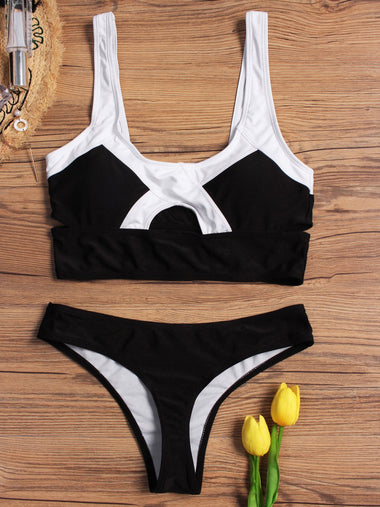 Wholesale Plain Cut Out Spaghetti Strap Sleeveless Black & White Bikini Set