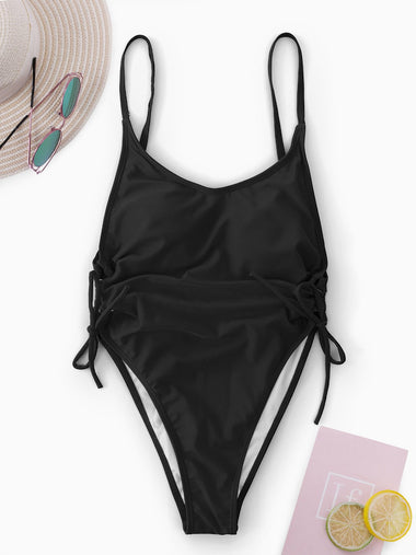 Wholesale Black V-Neck Sleeveless Plain Lace-Up One-Pieces Swimsuits