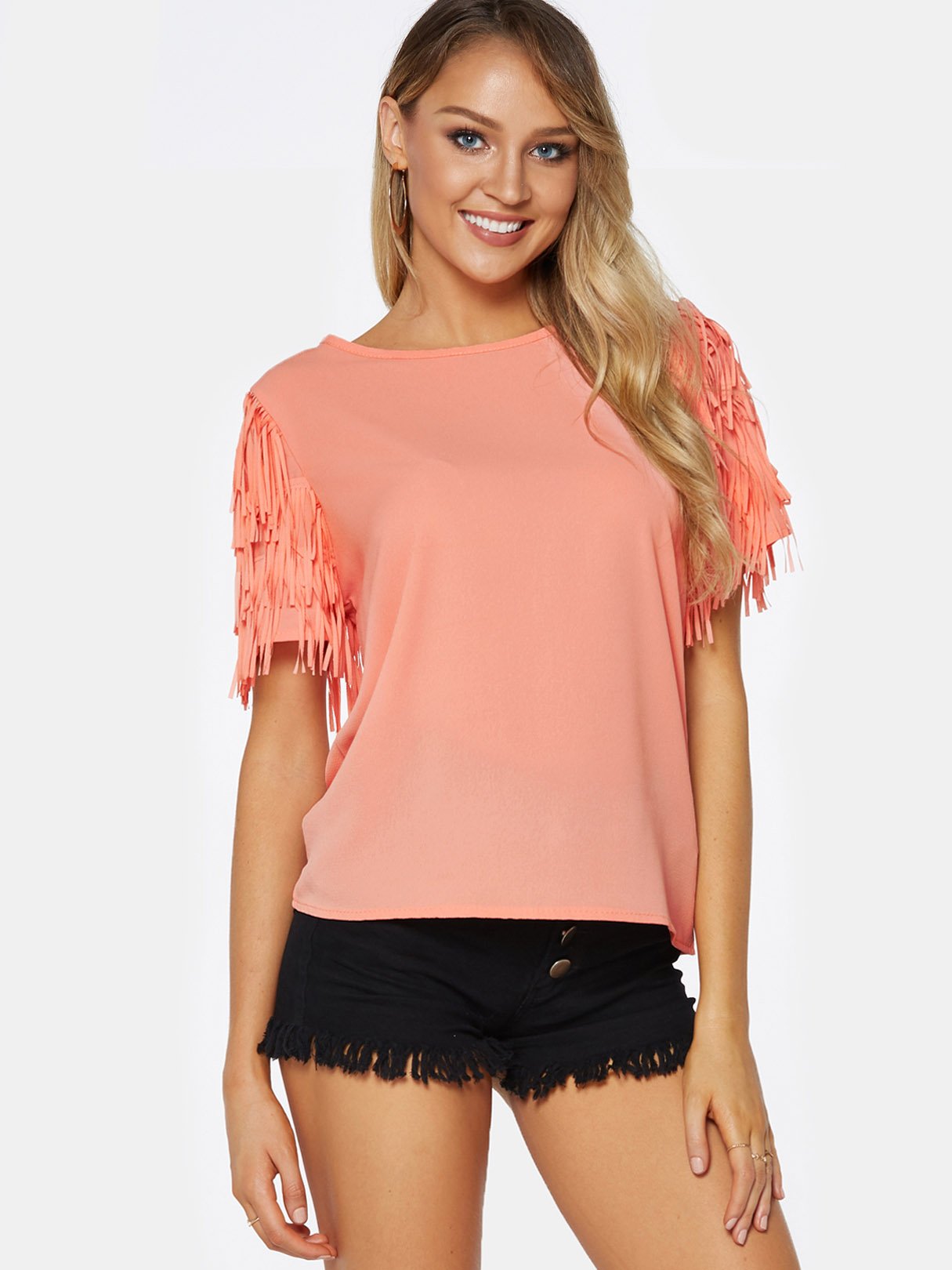 Wholesale Round Neck Plain Tassel Short Sleeve Orange Top