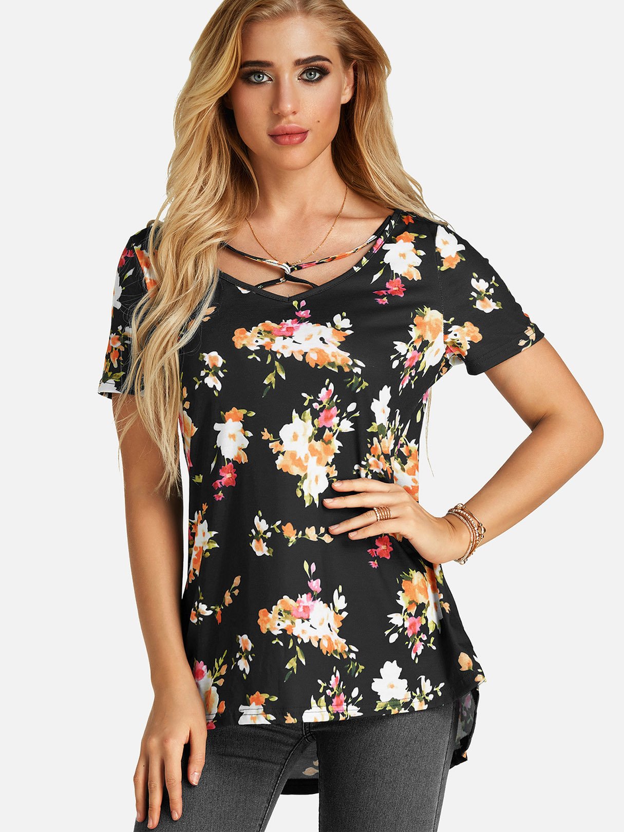 Wholesale Round Neck Floral Print Short Sleeve Irregular Hem Black T-Shirts