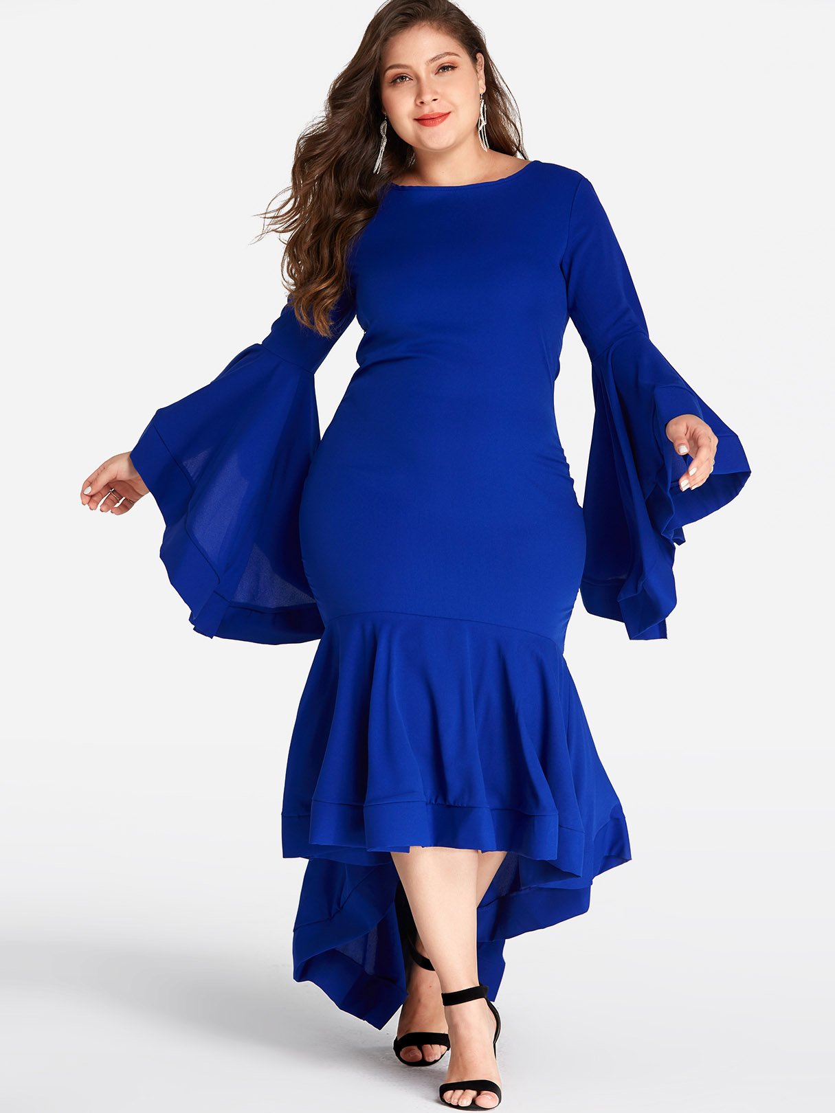 Wholesale Round Neck Plain Long Sleeve High-Low Hem Blue Plus Size Dress