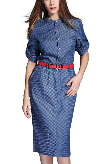 Wholesale Blue General Collar 3/4 Sleeve Length Side Pockets Curved Hem Shirt Dresses
