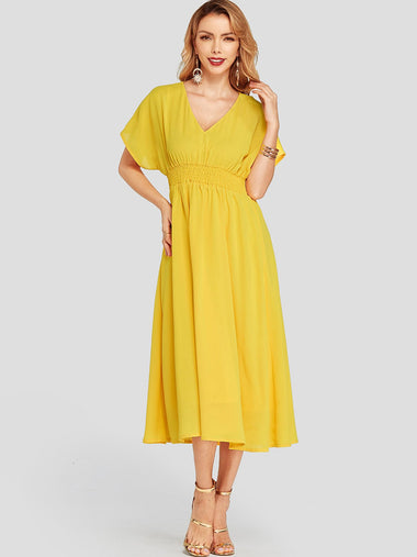 Wholesale Yellow V-Neck Plain Dresses