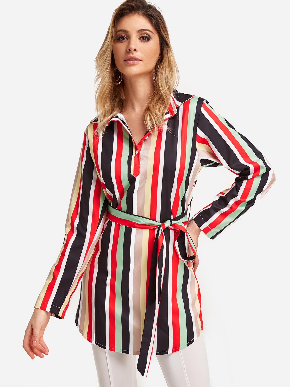 Wholesale Stripe Long Sleeve Curved Hem T-Shirts