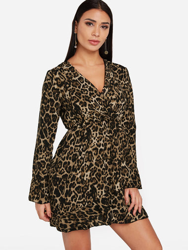 Wholesale V-Neck Long Sleeve Leopard Mini Dress