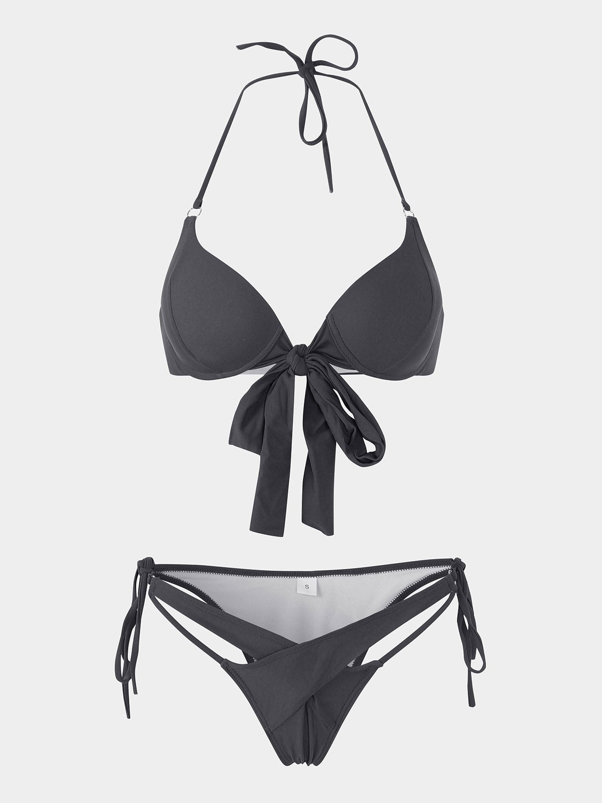 Wholesale Black Halter Sleeveless Plain Crossed Front Tie-Up Bikini Set Swimwear