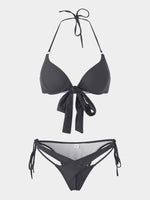 Wholesale Black Halter Sleeveless Plain Crossed Front Tie-Up Bikini Set Swimwear