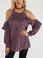 Wholesale Round Neck Cold Shoulder Plain Hollow Cut Out Long Sleeve Flounced Hem Red T-Shirts