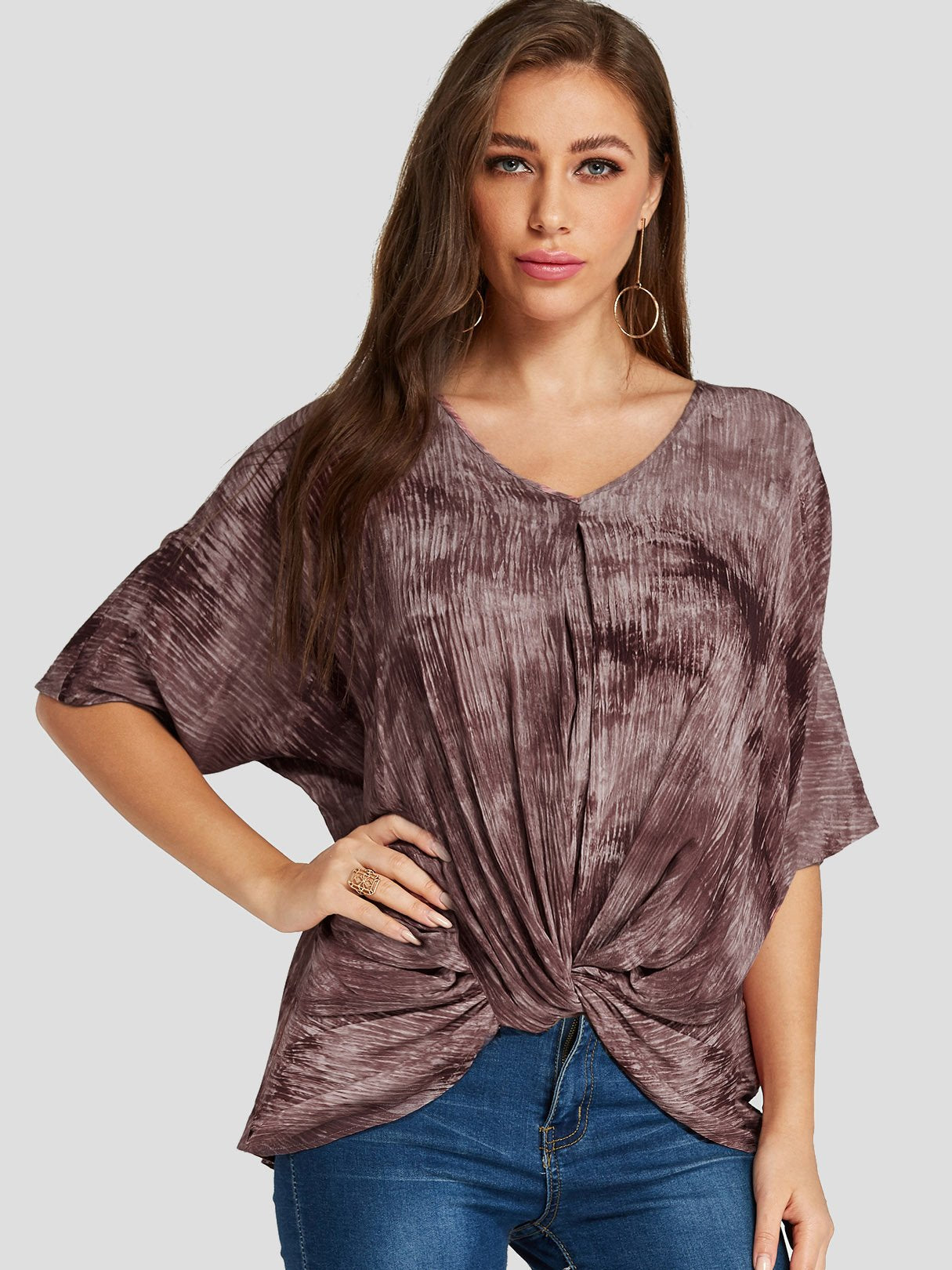 Wholesale V-Neck Printed Twist Half Sleeve Irregular Hem Rust T-Shirts