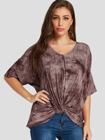 Wholesale V-Neck Printed Twist Half Sleeve Irregular Hem Rust T-Shirts