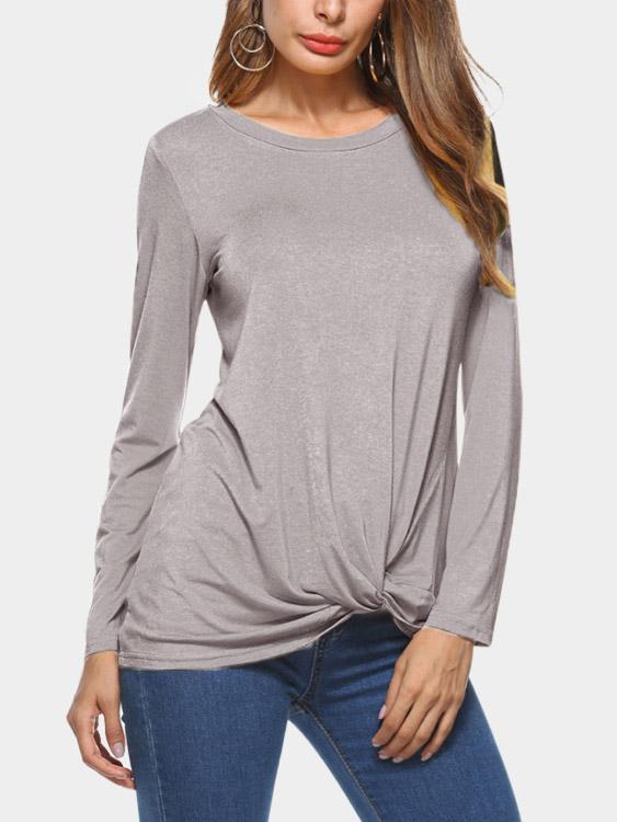 Wholesale Round Neck Plain Crossed Front Long Sleeve Irregular Hem T-Shirts