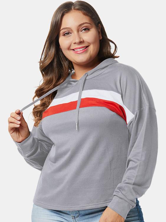 Wholesale Stripe Hooded Long Sleeve Grey Plus Size Tops