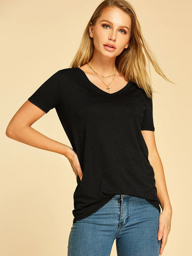 Wholesale V-Neck Plain Short Sleeve Black T-Shirts
