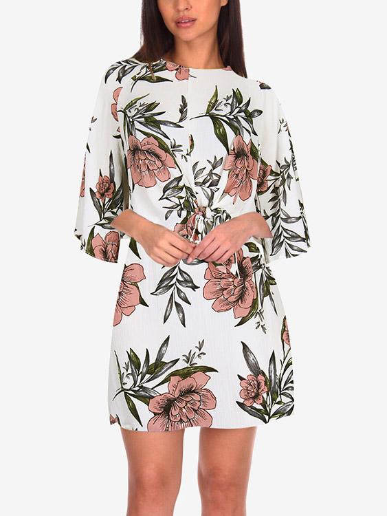 Wholesale White Round Neck 3/4 Sleeve Length Floral Print Zip Back Tie-Up Dresses