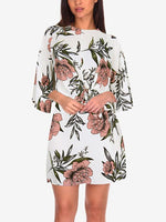 Wholesale White Round Neck 3/4 Sleeve Length Floral Print Zip Back Tie-Up Dresses