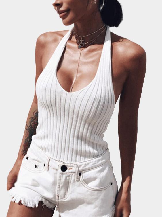 Wholesale Halter Deep V Neck Sleeveless White Camis